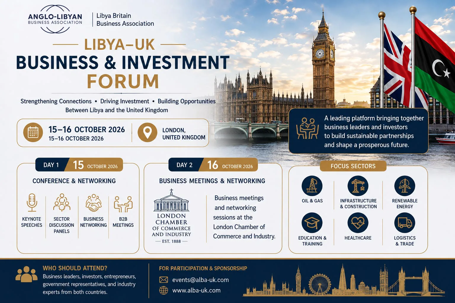 The Libya-UK Business and Investment Forum poster — 15–16 October 2026, London, United Kingdom